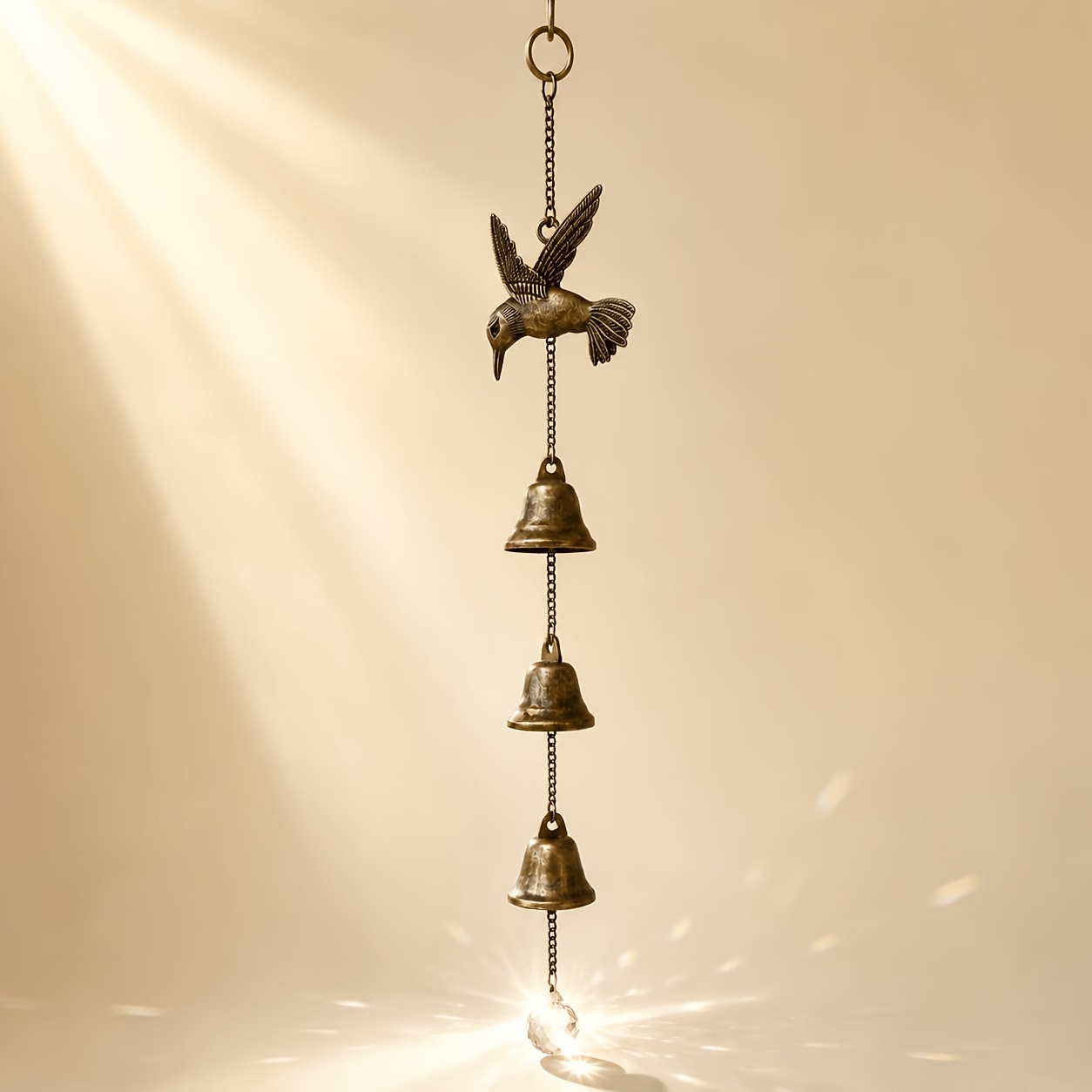 TEMU 14.17-inch Hummingbird Hanging Bell With Crystal Suncatcher, 3-bell Bird Garden Ornament, Suitable For Windows, , Patios, , And Home Decor