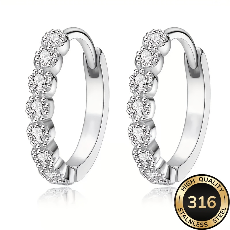 TEMU Un par de aretes de aro lisos para mujer de acero inoxidable 316, elegantes, lujosos, de , con pedrería de strass - Engastados con circonita