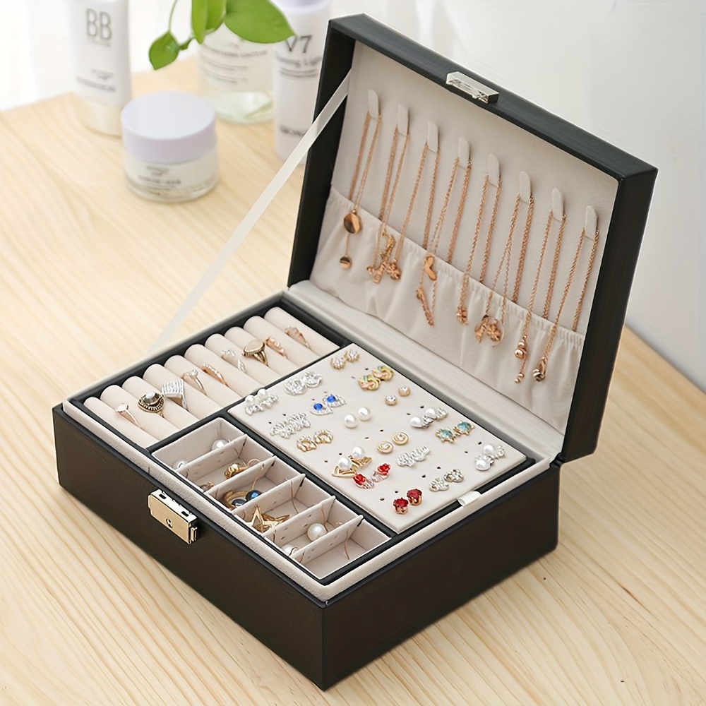 

Organisateur de Bijoux Double Couche de Grande avec Serrure - Similicuir, Texturée pour Rangs, , Boucles d'Oreilles & Rangement d'Accessoires