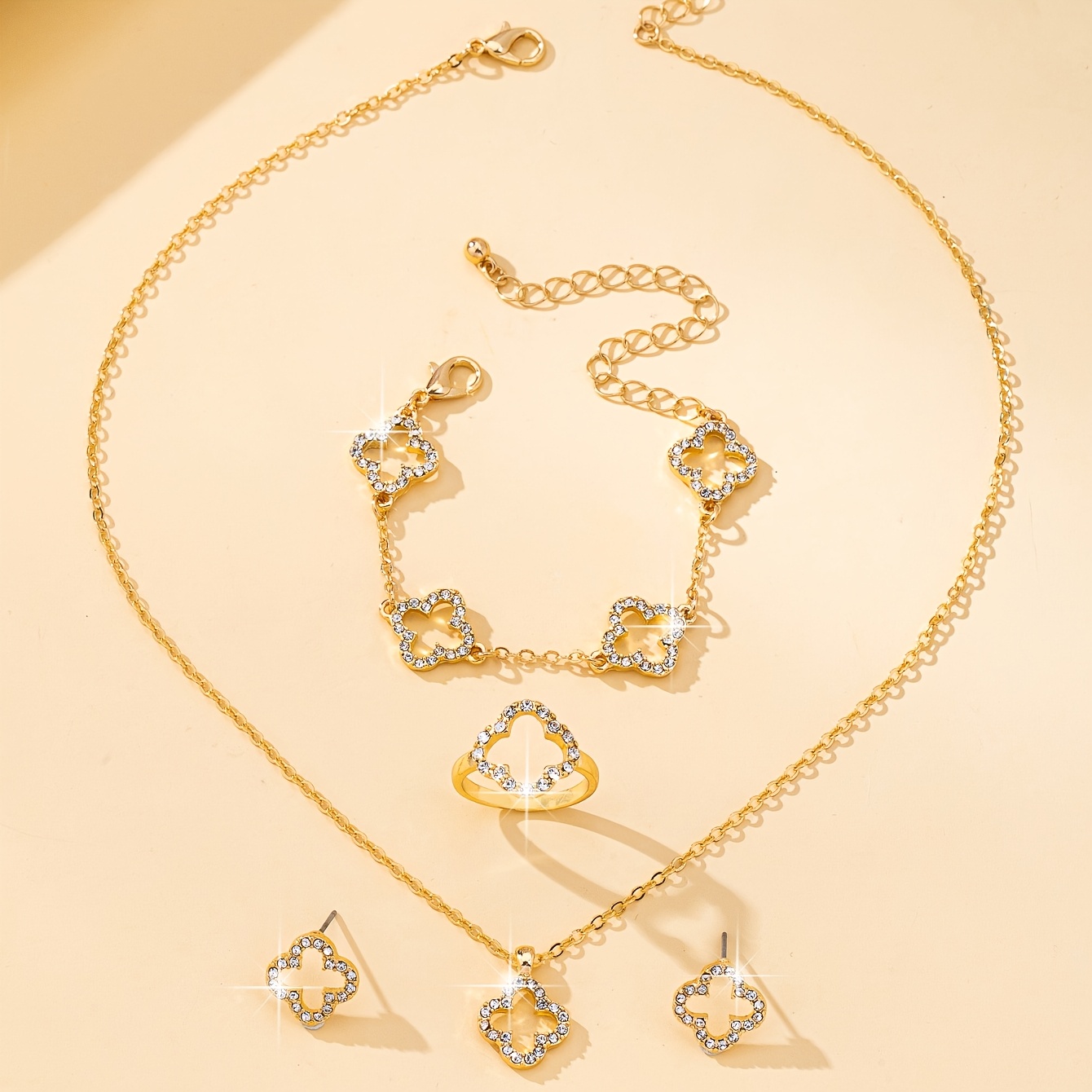 Luxury Rhinestone 4pcs Set: Necklace, Bracelet, Ring, And Stud Earrings - Gift Jewelry Set