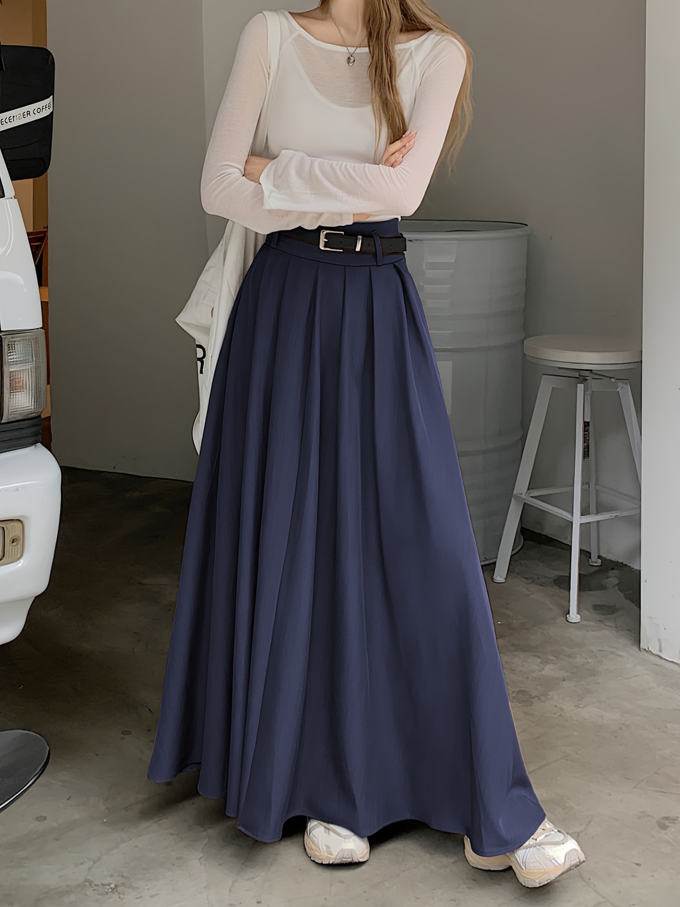Elegant Women'S Pleated Midi Skirt with Belt High-Waisted, Flowing  Design, Brown Office or Casual Outfits Wear, Office Skirt Flowing  Skirt