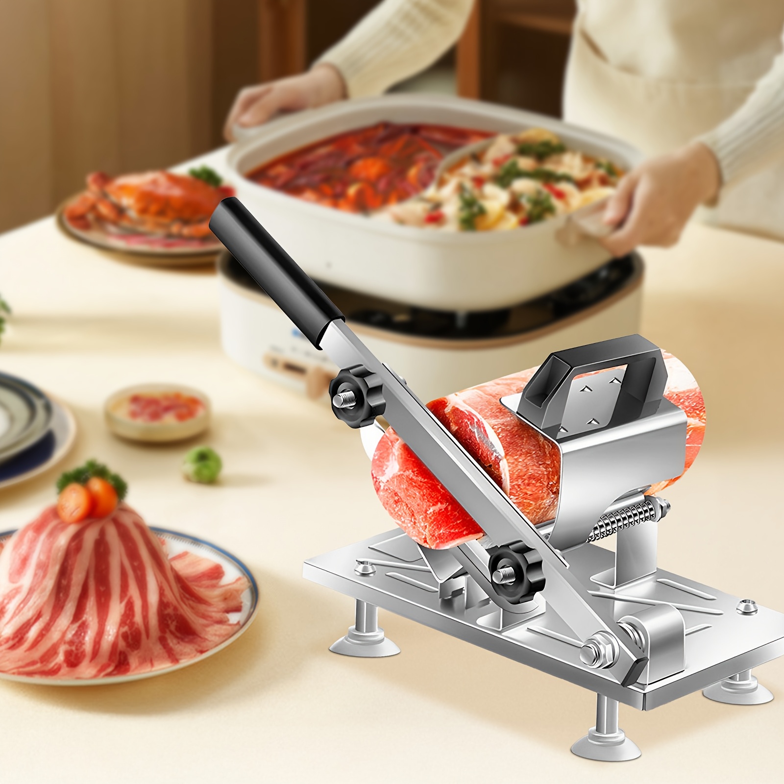 Image of 1pc Stainless Steel Meat Slicer, Manual Meat Slicer With Adjustable Thickness, Durable, Sharp, Easy To Clean, Suitable For Cutting Beef, , Used For Business, Home, Party