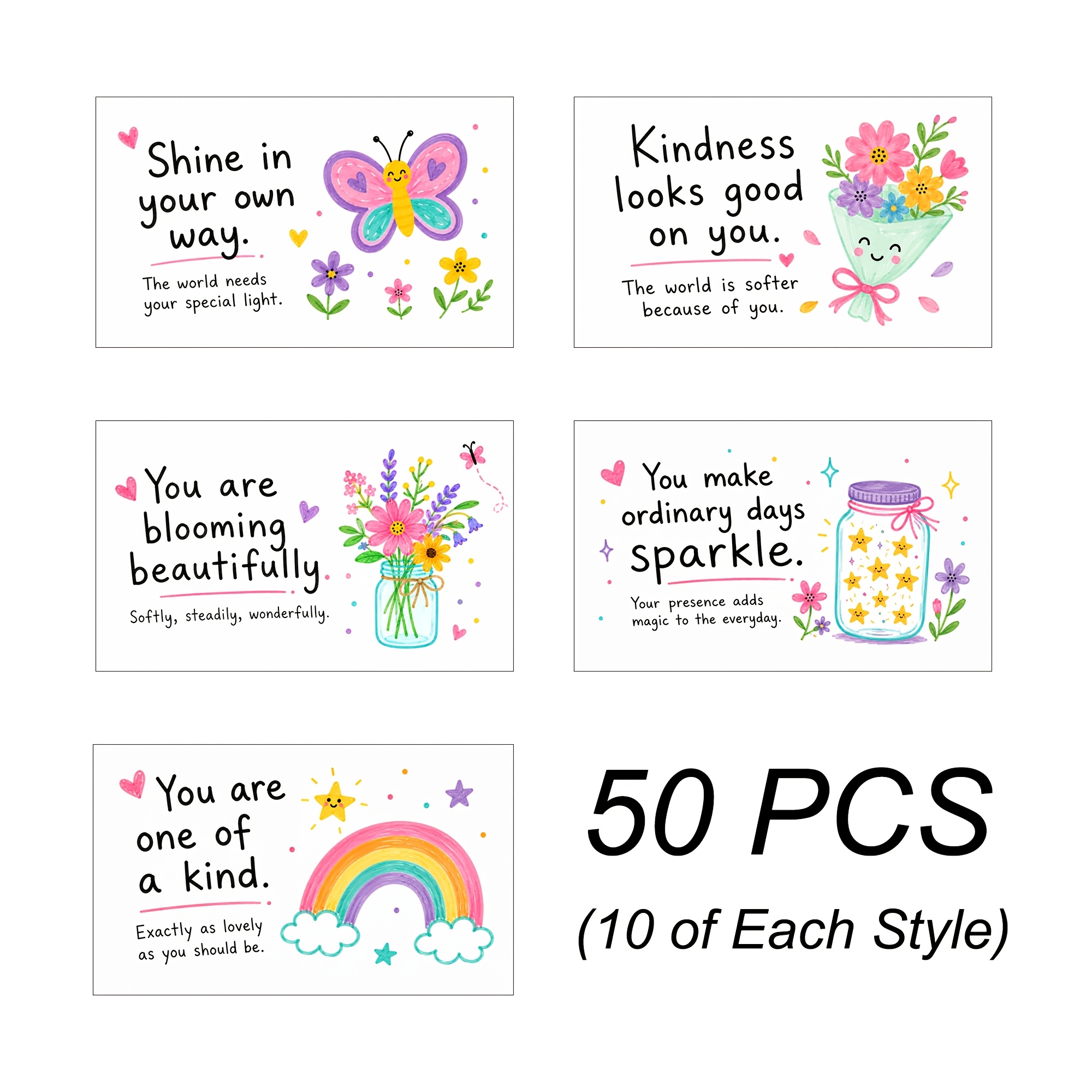 TEMU 50pcs Set Of Inspirational Affirmation Cards With Positive Messages, Matte End, Colorful Motivational Quotes And Whimsical Illustrations For