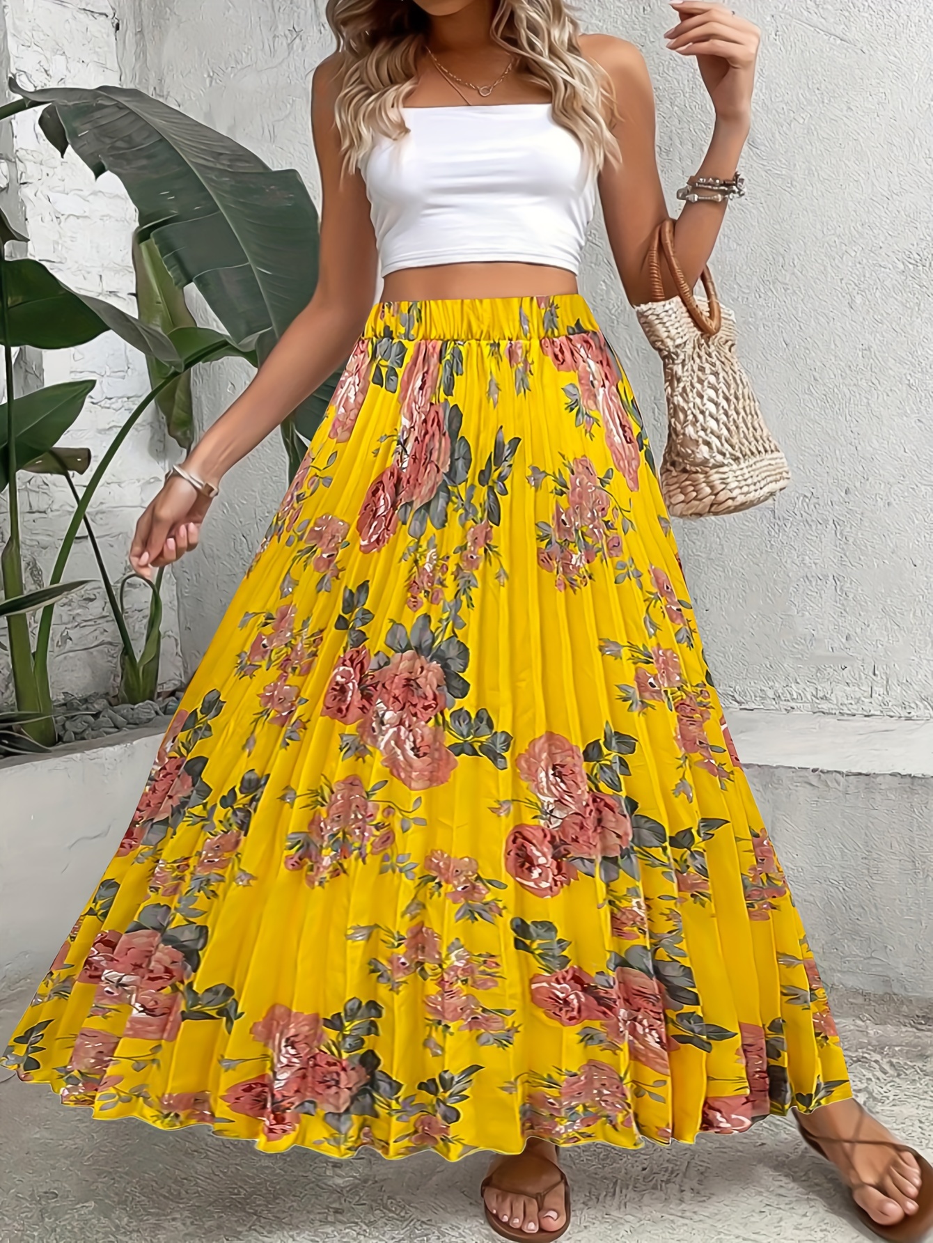 スカート Pleated Floral Print Maxi Skirt WL 11244 Printed Maxi Skirt - Kaly Clothing