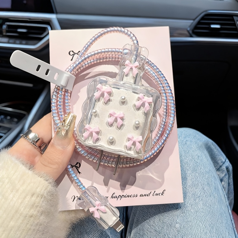 Image of This 5pcs Phone Charger Case Set Features A Pink Bow And Design, Is Compatible With 20w/18w , And Is Compatible With Charger Cases For Iphone 16 Pro Max/15/14/13/12/11. Dustproof And Drop-proof.