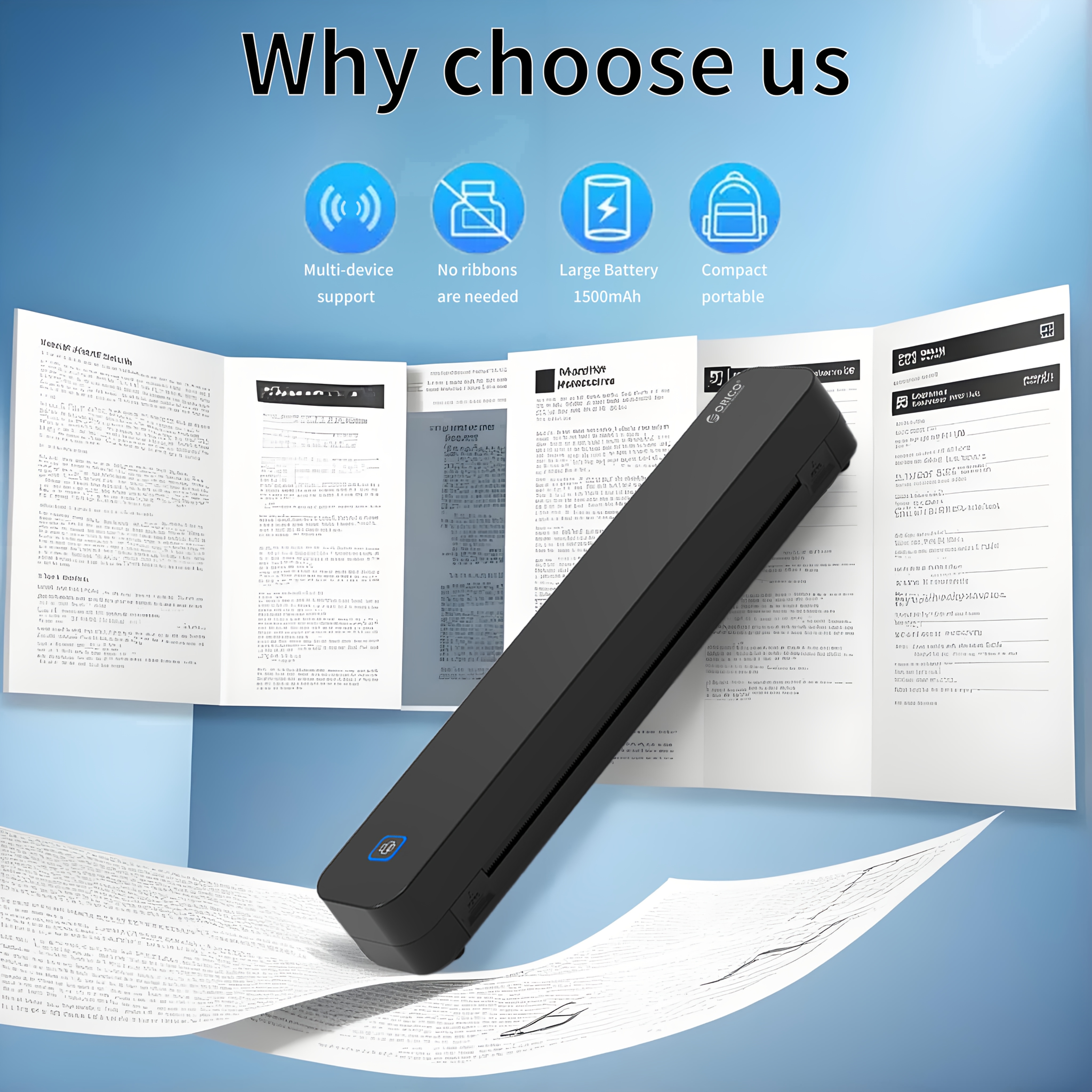 ORICO Mini Portable A4 Thermal Printer, Wireless Printing, No Ink Required, Compatible with Android and iOS Systems, Supports Up to 216mm Wide Thermal Paper, Suitable for Office, Home, School Use, Convenient for Outdoor Carrying