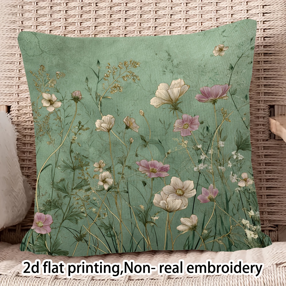 TEMU 1pc Vintage Sage Floral Cushion Cover - Double-sided Decorative Pillowcase With Mint Green & Light Pink/white Botanical Pattern, Zipper Closure