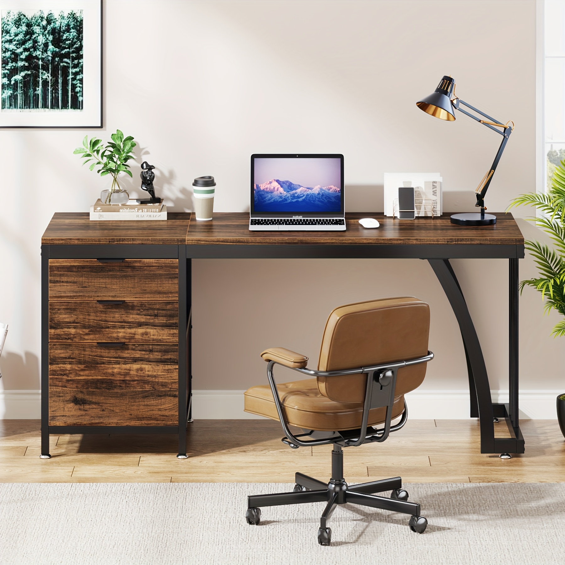 59-Inch Industrial Computer Desk with 3 Reversible Drawers & File Storage - Brown Engineered Wood & Black Metal Workstation, Adjustable Foot Pads, Smooth Edges, Easy Assembly for Home Office, Desk Accessories Office, Sturdy Construction, Study Writing Table, Rustic Furniture, Highquality Materials, Remote Workers
