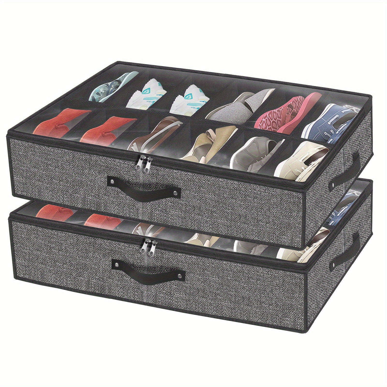 TEMU 2pcs Stackable Under Bed Shoe Storage - Foldable, Transparent Shoe Organizer Boxes With Dual Handles - Bedroom & Dorm Space-saving Solution