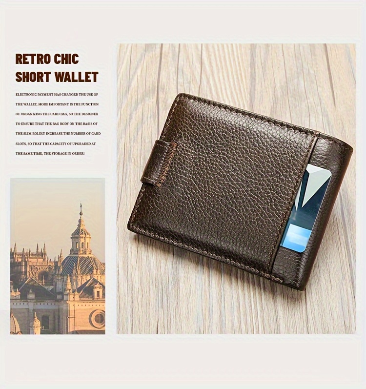 Men'S Genuine Leather Wallet, Minimalist Multi-Grid Card Case, Top Layer Cowhide Short Wallet