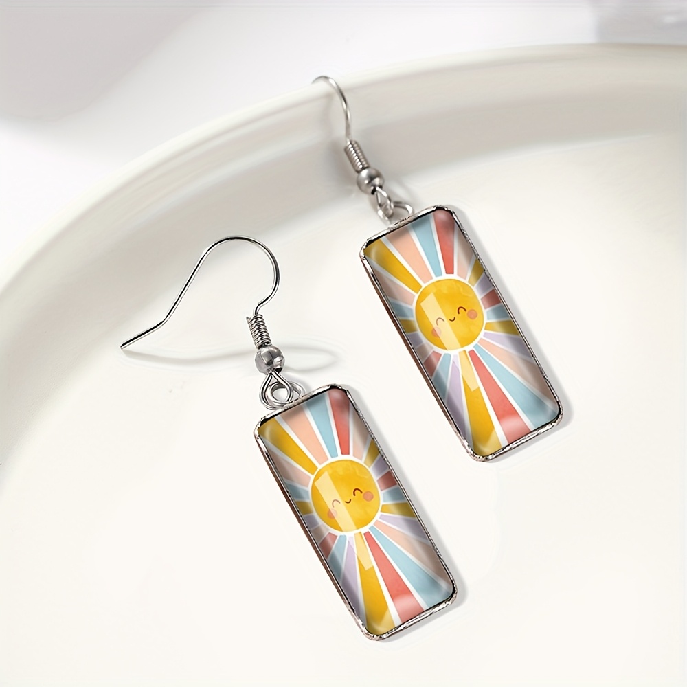 Smiling Sun Rectangular Earring, Irregular Glass Dome Gift