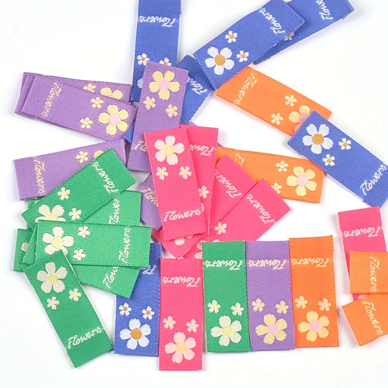Image of 50pcs Of 3.8x1.5cm Fashionable Flower Embroidery Labels For Handmade Diy Bags, Hats, Handbags, And Other Clothing Accessories, Craft Fabric Tags, Sewing Supplies