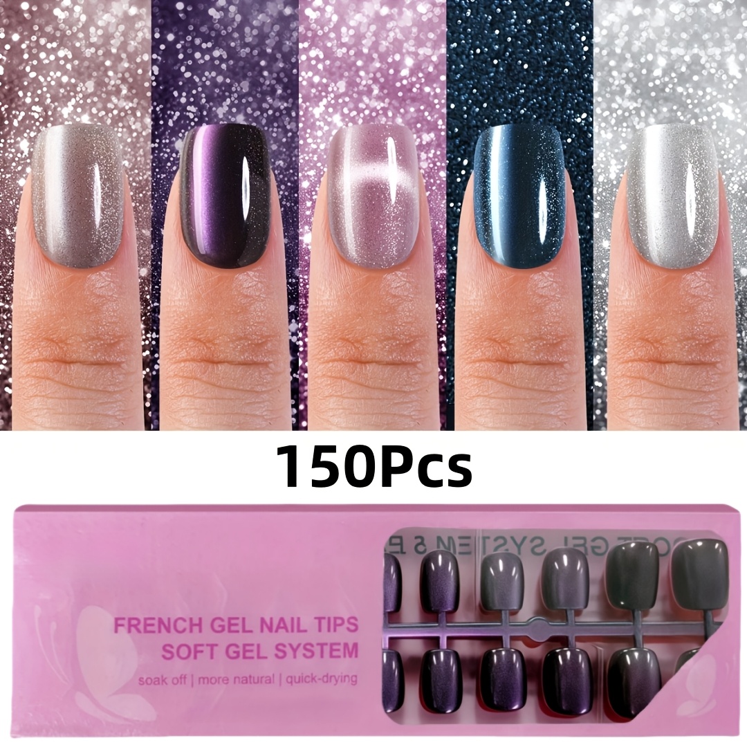 Image of 150pcs Short Square Cat Eye Press-on Nails, 5-color Glittering Cat Eye Soft Gel Fake Nails: Pink, Red, Blue, Silvery, Purple. Acrylic Nail Tips For Women And, & Natural, Reusable In 15 Sizes