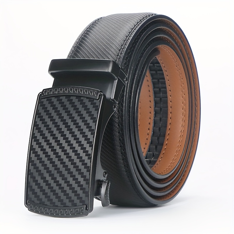 TEMU Elegant Men's Genuine Leather Belt With American Flag Automatic - Sleek Black And Brown Ratchet Design, Alloy Clasp, Perfect For Formal And
