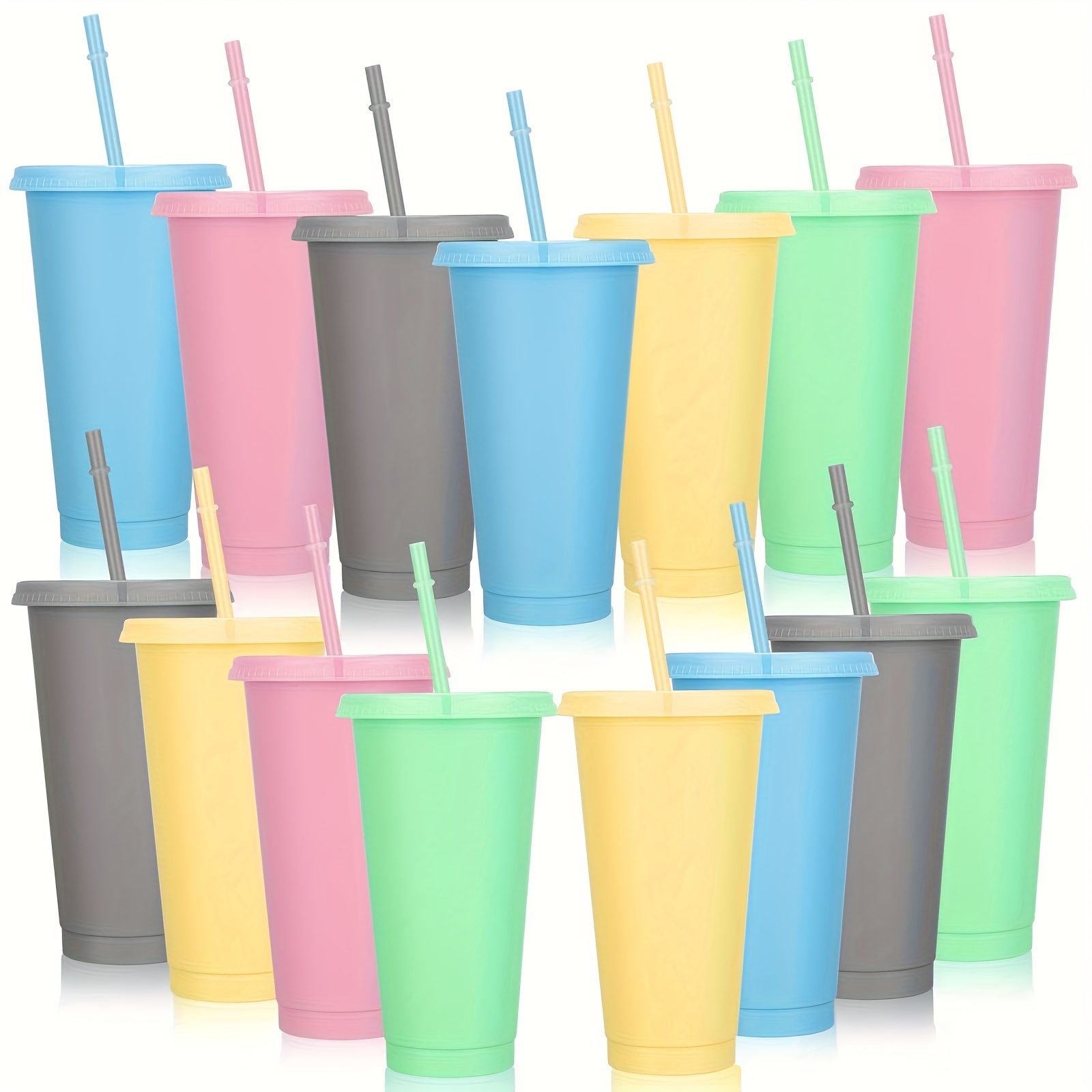 

5pcs 24oz Reusable Colorful Plastic Cups, Leakproof Iced Coffee Smoothie Cups With Lids & Straws, Portable Drinkware For Cold Beverages