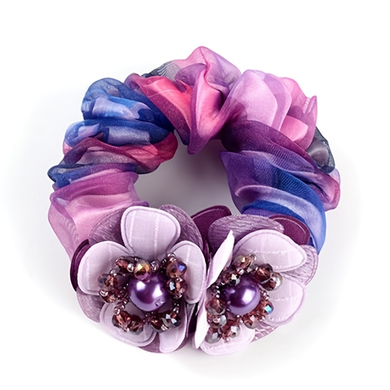 Blumen-Haargummis Für Frauen – Große Gummis Mit Blumenmuster, Dehnbar, In Schwarz, Blau, Beige – Für Pferdeschwanz & Co.