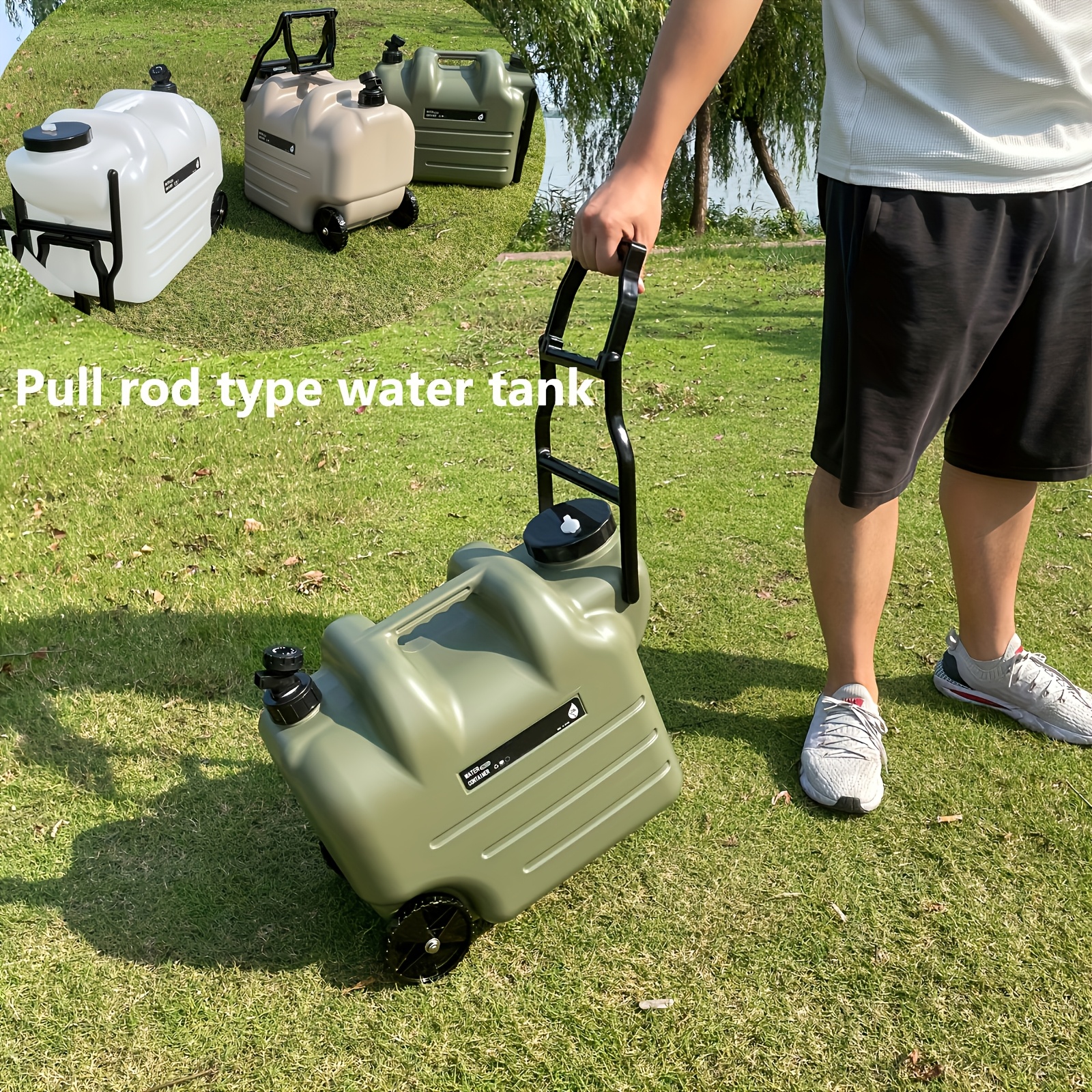 [Portable Water Bucket] 7.4 Gal Portable Water Bucket with Wheels & Pull Rods | Large Capacity PE Square Container, Olive Green with Black Wheels for Camping, Hiking, and Picnics | Outdoor Water Transport, Transportable Water Storage, Durable PE Material