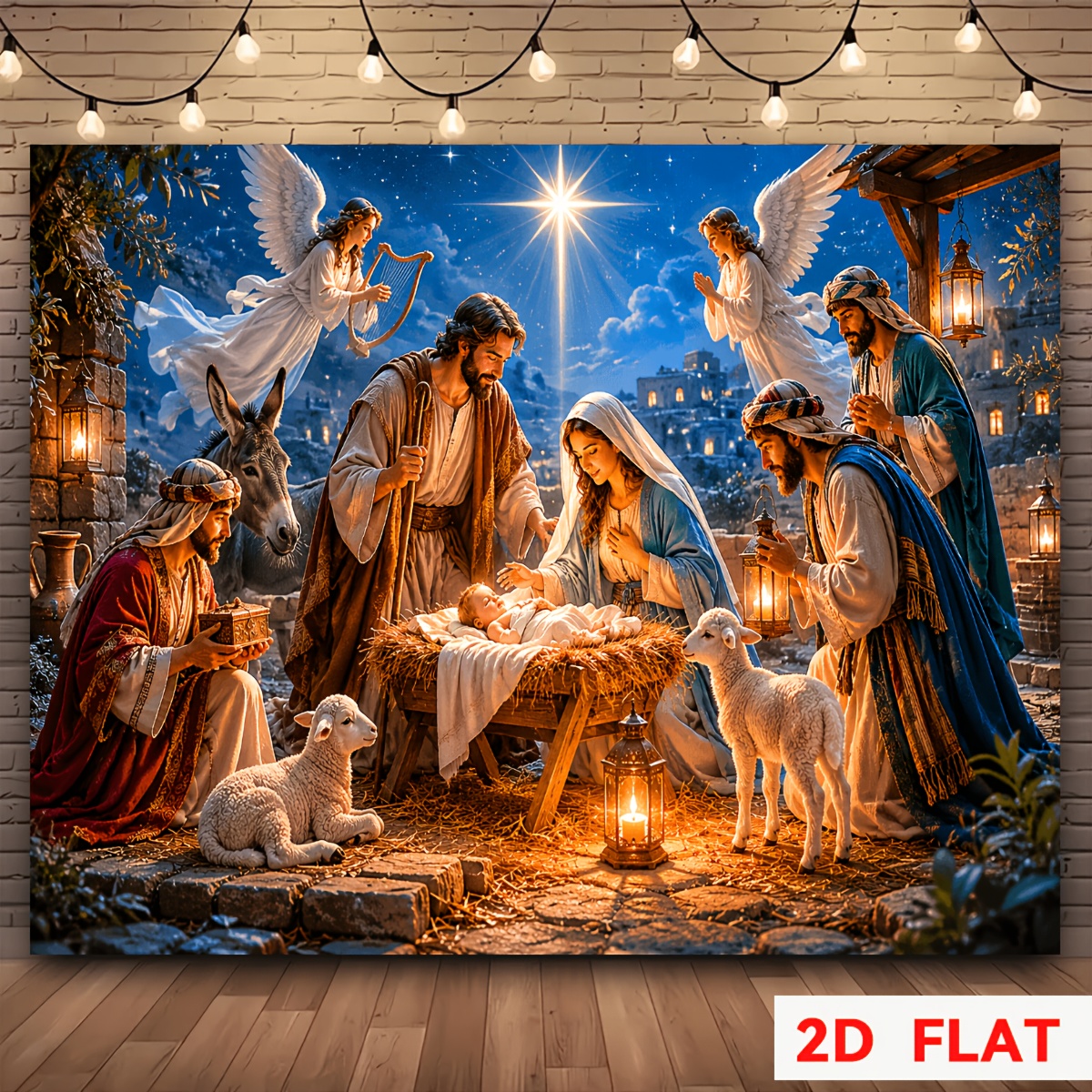 TEMU 1pc Nativity Scene Banner Backdrop Suitable For Indoor/outdoor Christmas & Halloween Decorations - Holy Family With Angels, Lamb & 3 , Fabric