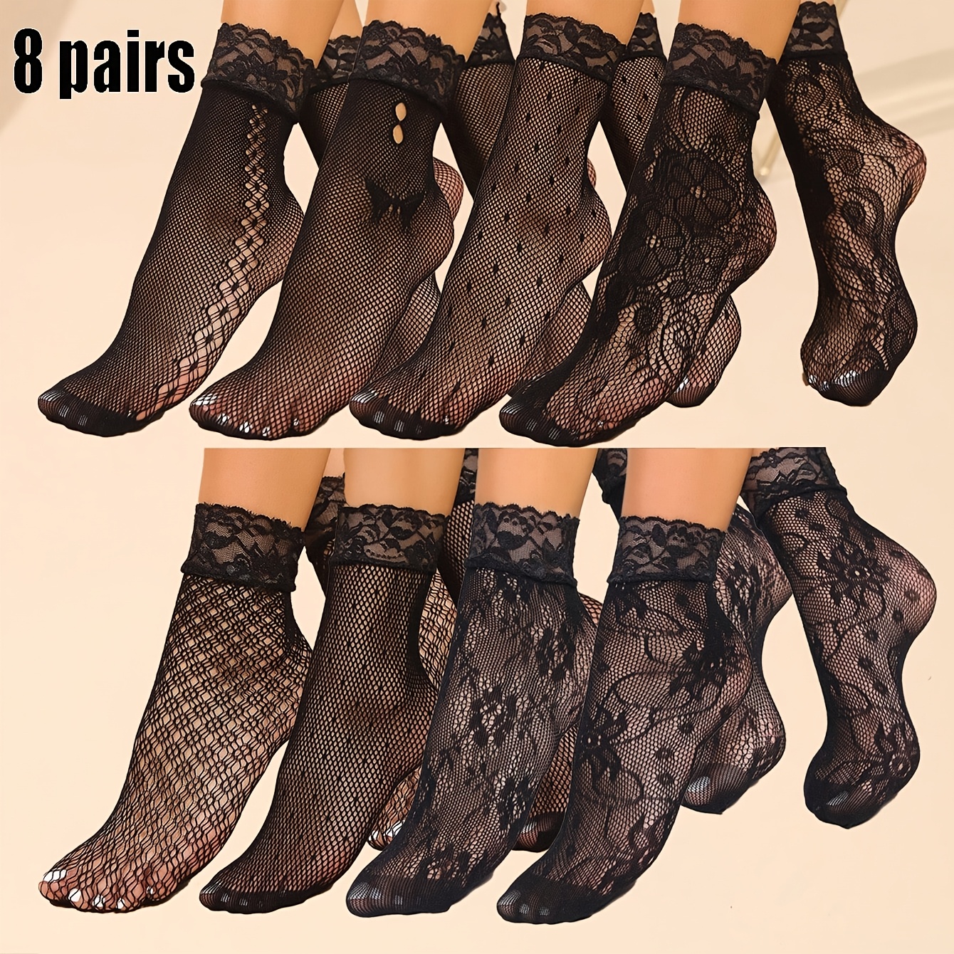 E-shop 8 Paar Damen Spitzen Kurzsocken, Hohle Damen Waden Socken, Modische und Sexy Mid-Calf Socken, Futter Socken