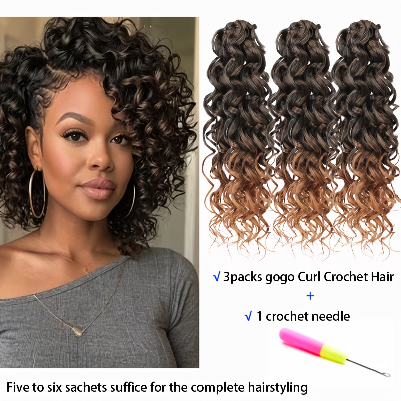 TEMU 3 Packs Gogo Crochet Hair 14 Inch 18 Strands/pack Short Curly Crochet Hair For Women Water Deep Twist Crochet Braids Synthetic Braiding Hair