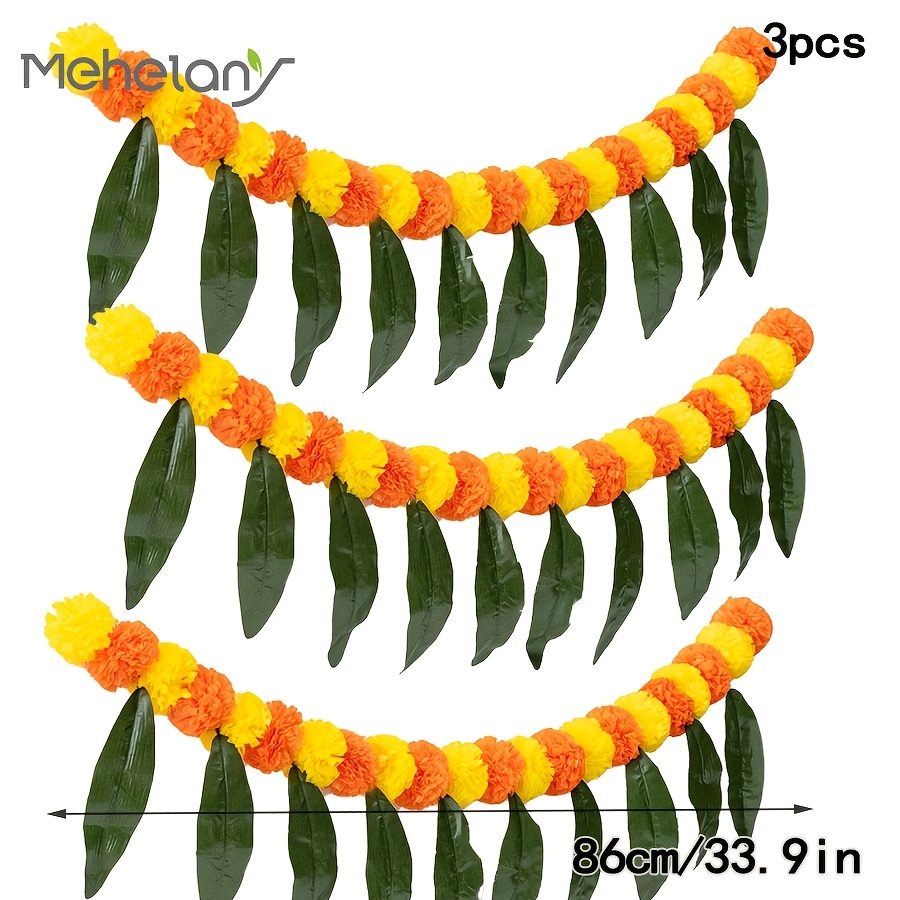 TEMU Mehelany 3pcs Artificial Marigolden Garland Featuring Hanging Leaves, Home Decor, Fall Decor, In Orange And Yellow, With Green Leaves, Suitable