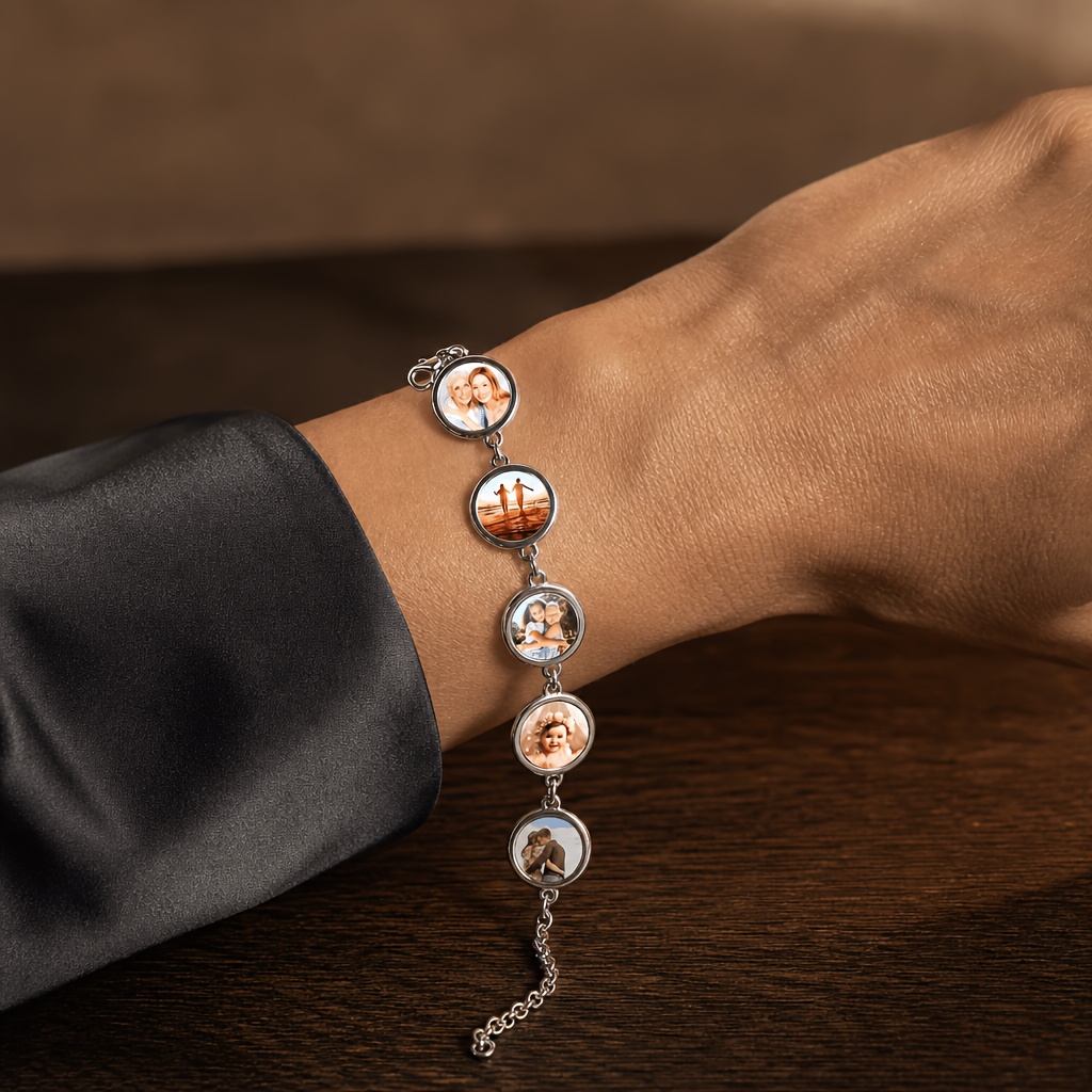 TEMU Pulsera Personalizada con Múltiples Fotos, Carga Tus Preciosas Fotos de Recuerdos. Fabricada en Acero Inoxidable 304 con Chapado en Oro de 18K.