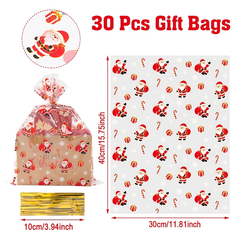 TEMU 10/30pcs, Christmas Theme Cellophane Wrapping Bags, Gift Box Santa Claus Pattern Transparent Gifts Bags, Noel Navidad, Ideal For Flower And Book