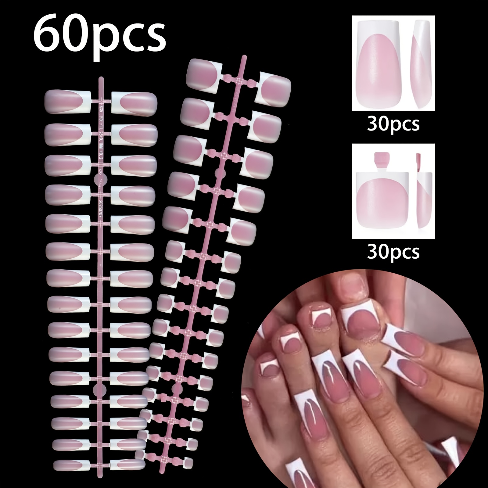 TEMU Lot de 60 ongles carrés français blancs à pression, faux ongles d'orteils français à couverture complète, kit de nail art pour femme, convient