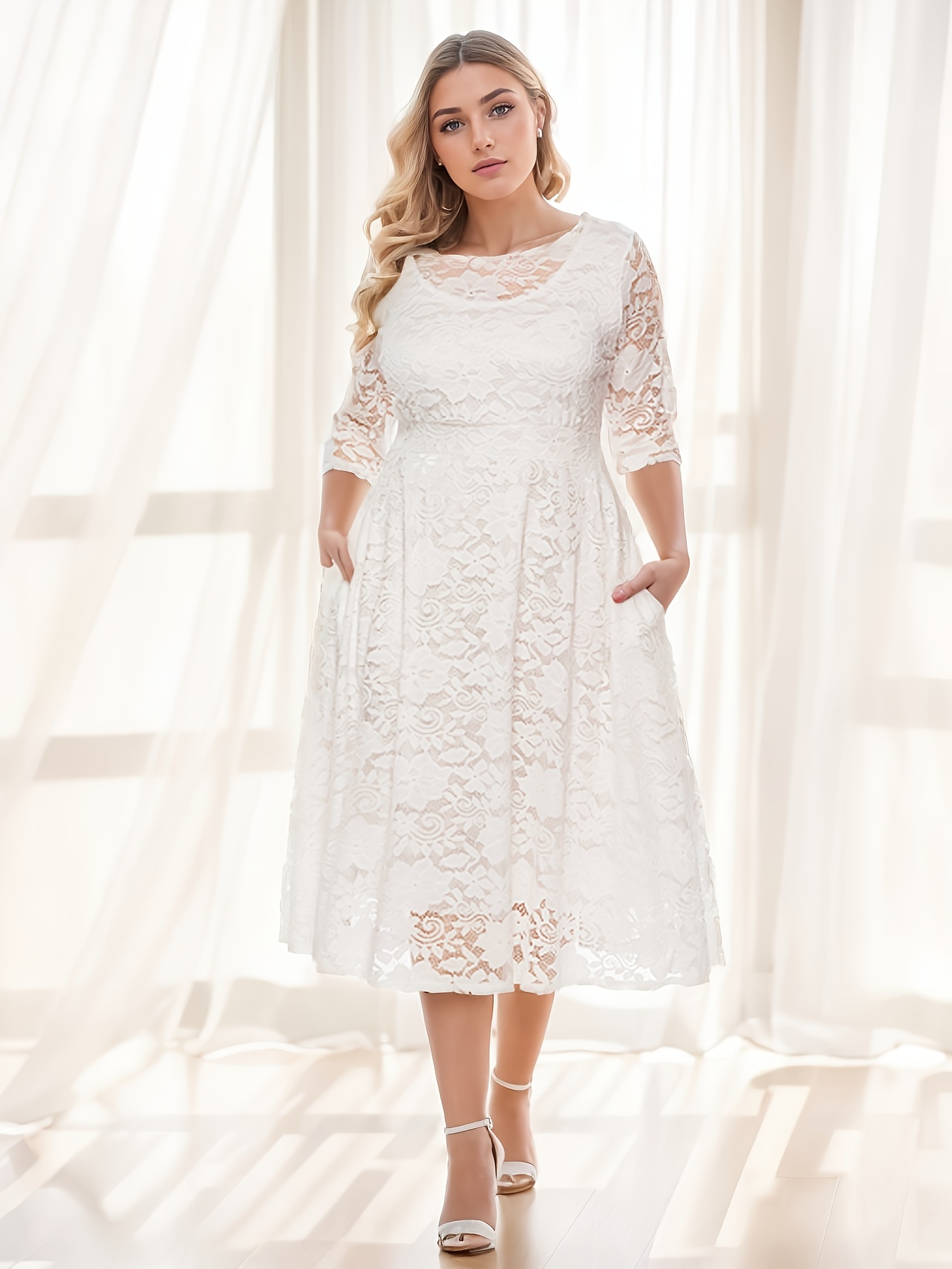 elegant purple lace midi dress women plus size crew neck 3/4
