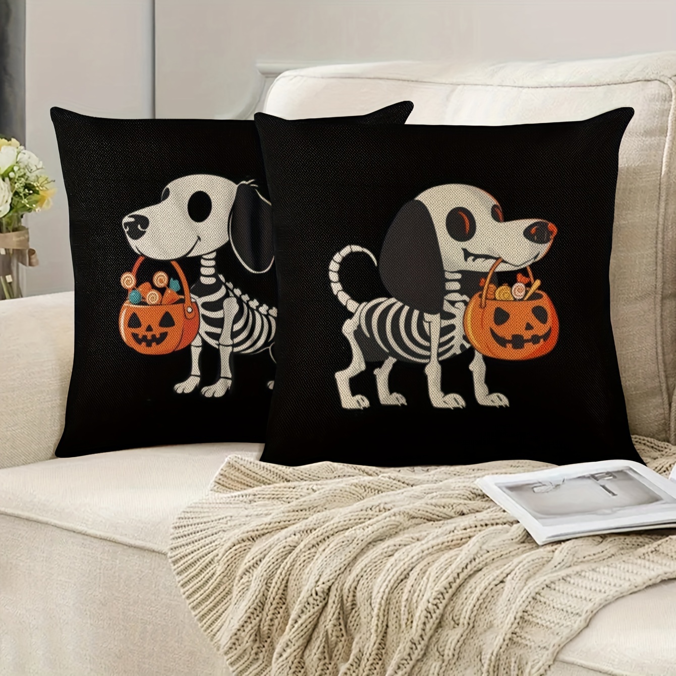 

2pcs Halloween Pillowcases: Skeleton Dog Pillowcases - Festive Halloween Decorations - Modern Design - Soft Linen Material - 45cm X 45cm - Cozy, Durable, And Breathable (no Pillow Insert)