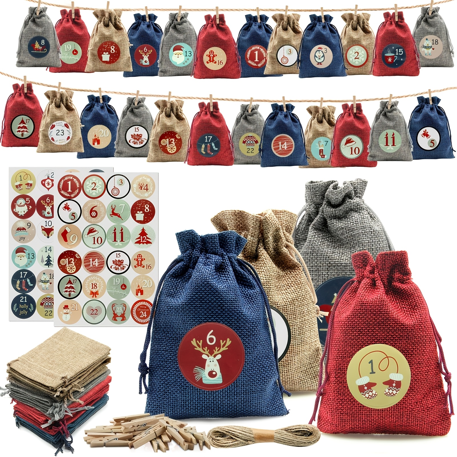 TEMU Lot de 24 sacs de calendrier de l'Avent de Noël à , sacs à cordon de serrage en toile de jute 4 couleurs, avec 10 mètres de ficelle + 48