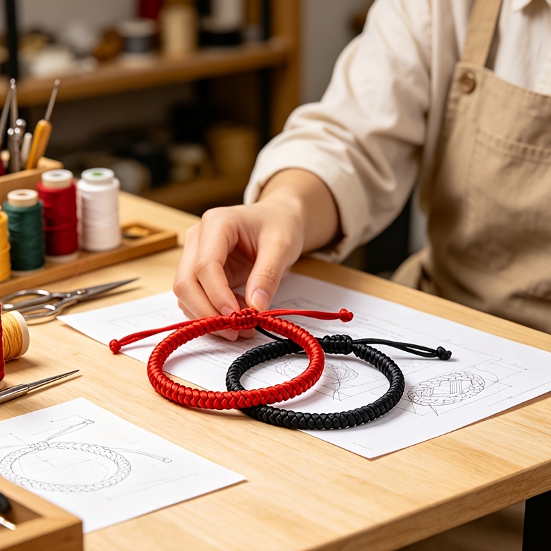 Bright Red and Solid Black Hand-Woven Lucky String Bracelets