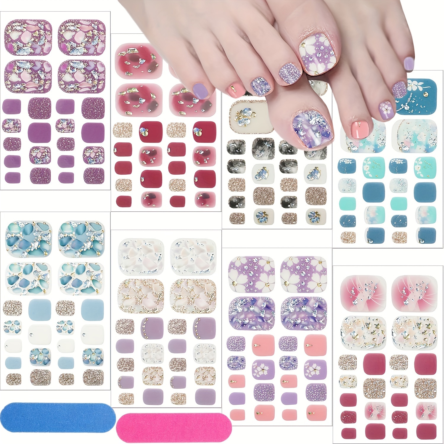 8pcs Glitter Toe Nail Stickers, With Self-adhesive Backing, Marble Pattern, No Light Needed