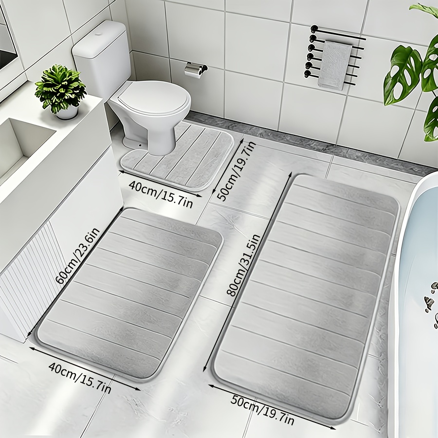 TEMU 3pcs Foam Flannel Striped Memory Foam Bathroom Mat, Quick-absorbing Washable Bath Mat, Thickened Bath Mat, Machine Washable Rug, Soft And