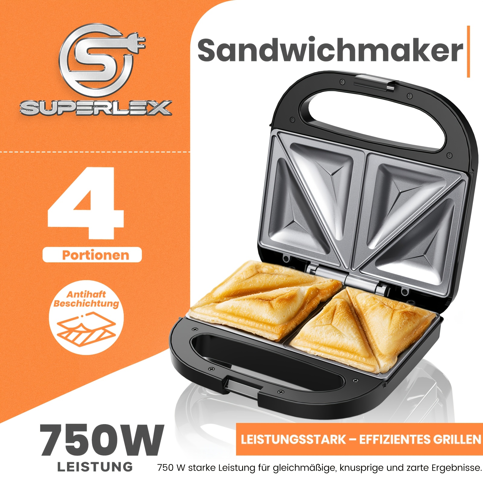 Superlex 750w Fast Heating , 2- Sandwich Maker With Automatic Temperature And Anti-scald Design, Suitable For Home Use, Compact And Convenient Breakfast Appliance, Easy To Clean.
