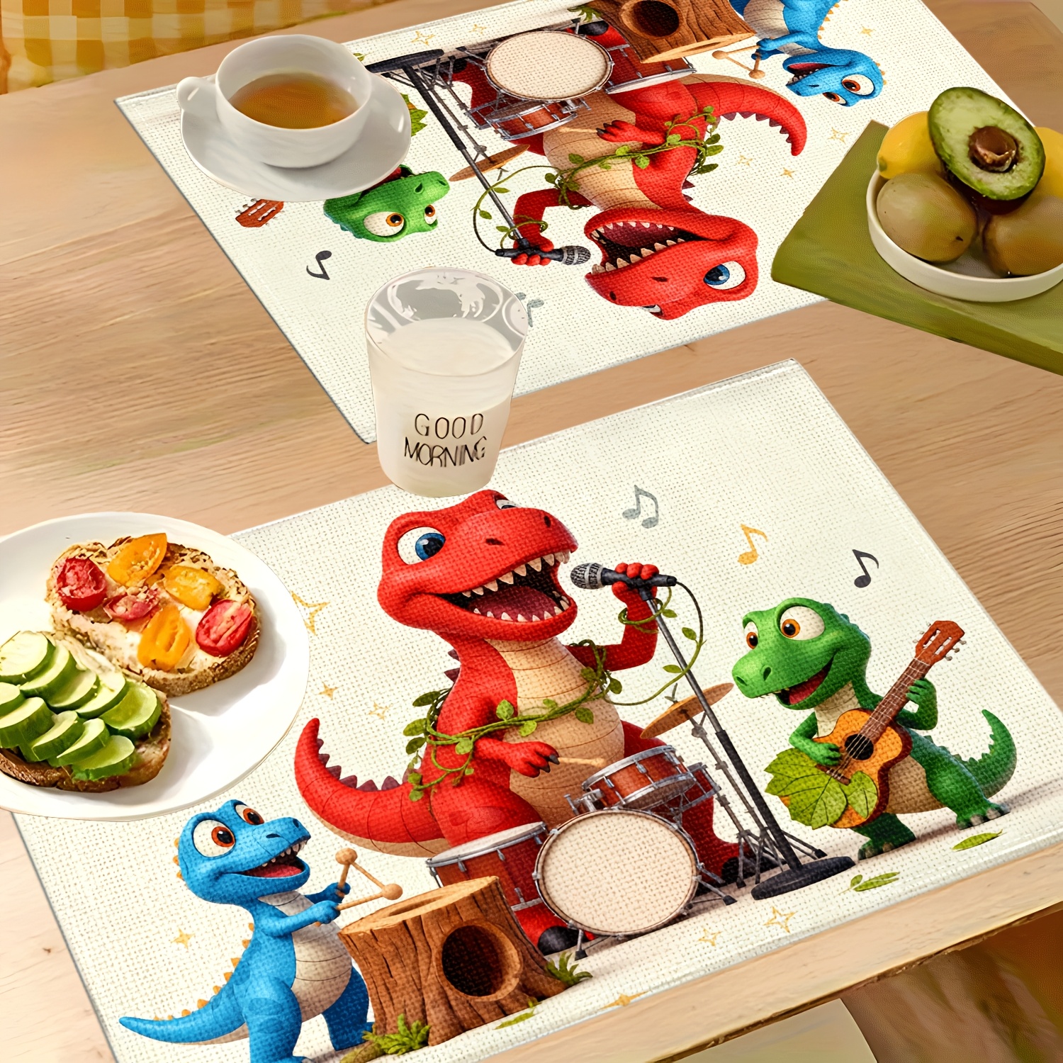 TEMU 1pc 2d Dinosaur Band Playing Joyfully Themed Printed Square Placemat, Washable Table Mat, Suitable For Kitchen, Dining Room, And , Ideal For