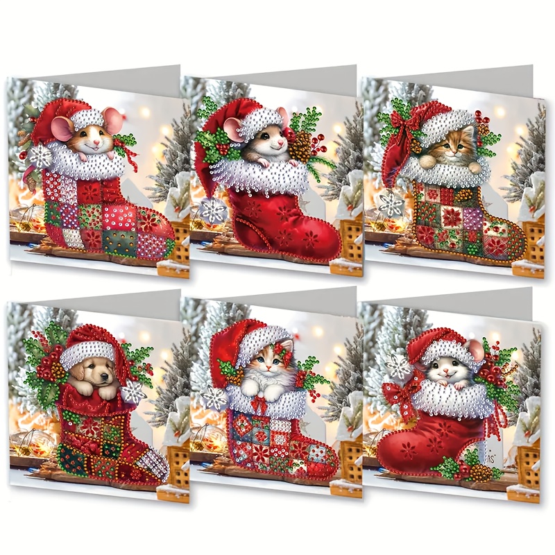TEMU Set van 6 stuks 5D Diamant Schilderen Kerstkaart Kit, Diamant Kunst Verjaardags- en Vakantie Wenskaarten, Creatieve Kunst Ambacht Set met