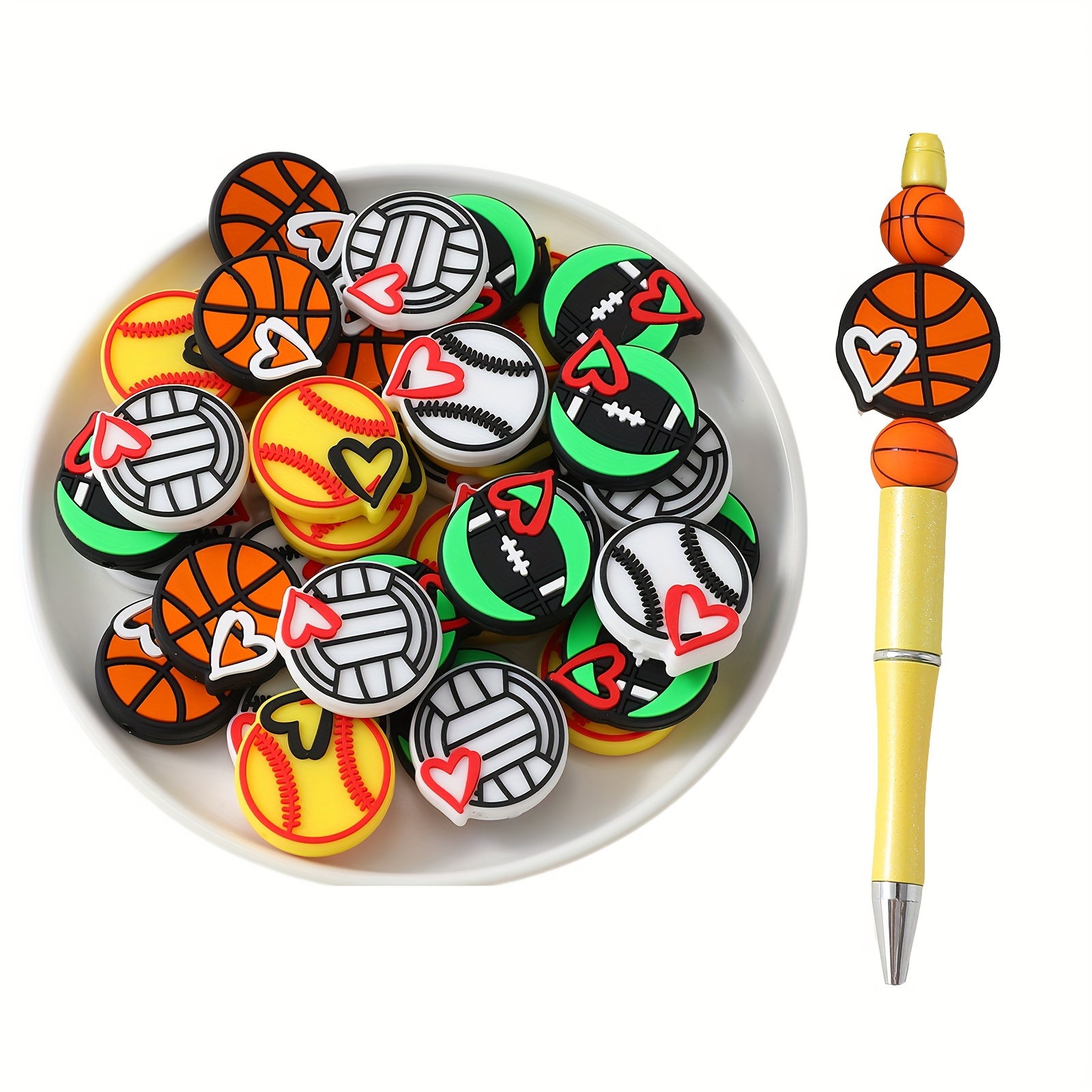 

20pcs Sports Ball Style Theme Silicone Beads Focus Bulk Bead Jewelry Making Diy Creative Key Bag Chain Character Pen Decorative Bracelet Necklace Craft Supplies