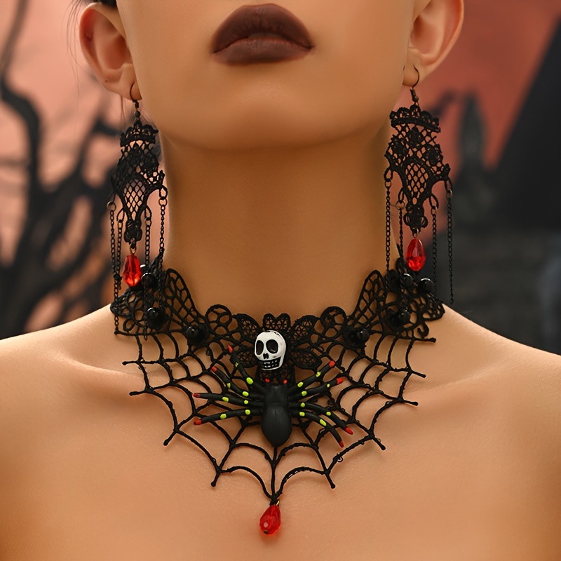 

Halloween Jewelry Set For Women - 3pcs Skull & Spider Web And Necklace, For Parties