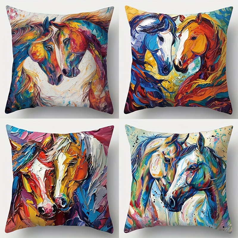 TEMU Ensemble de 4 housses de coussin avec un motif de cheval vibrant imprimé sur une face, mesurant 17. 17.72 pouces (45 par ), pour décorer votre