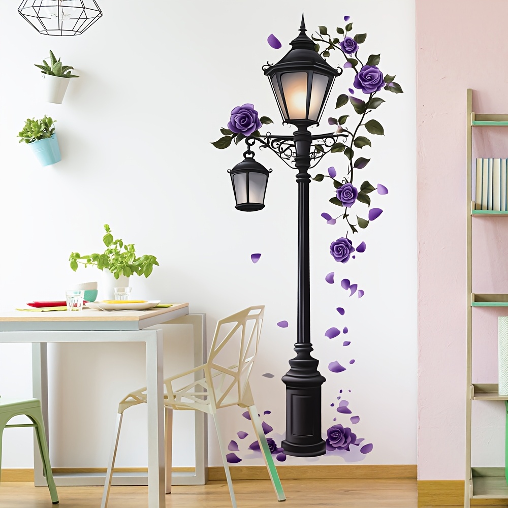 Image of Lamp Purple Rose Floral Wall Decal For Living Room, Bedroom, And Background Wall Decoration