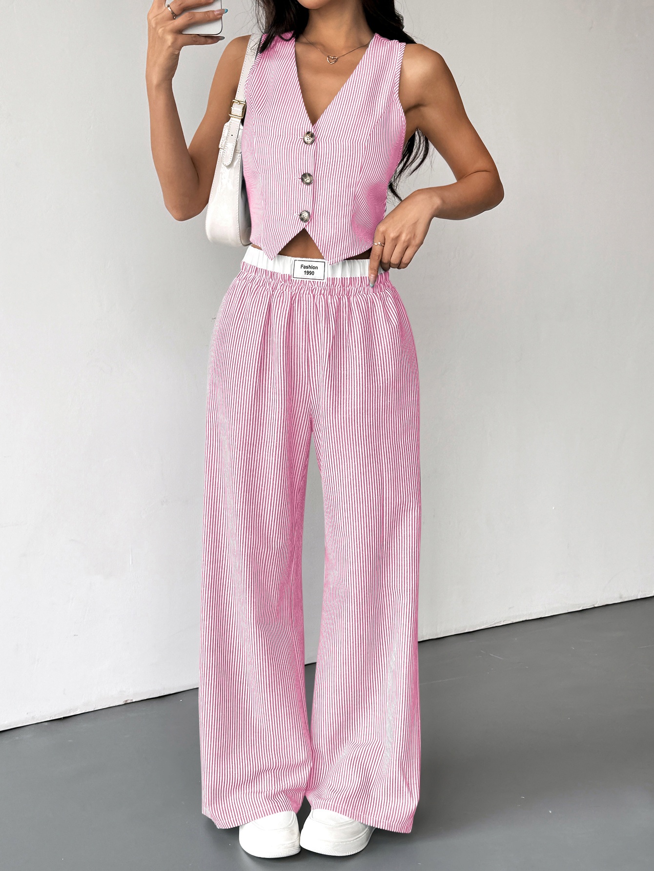 conjunto chaleco pantalones anchos mujer rayas verticales Temu