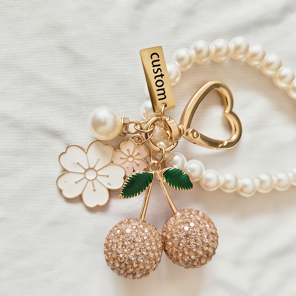 TEMU Personalized Laser-engraved Custom Name, Fashionable Backpack Charm, Heart-shaped Floral Rhinestone Cherry Pendant | Heart Keychain, Birthday