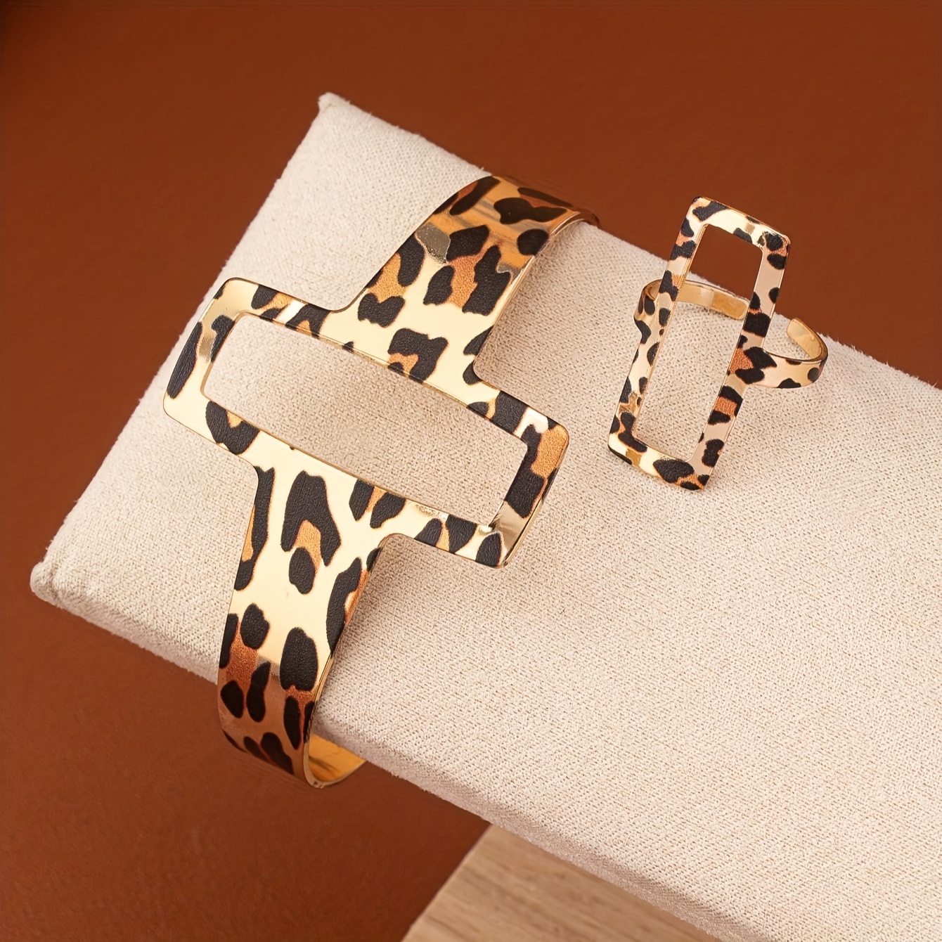 Boho Leopard Print Jewelry Set - Open Bangle & Ring