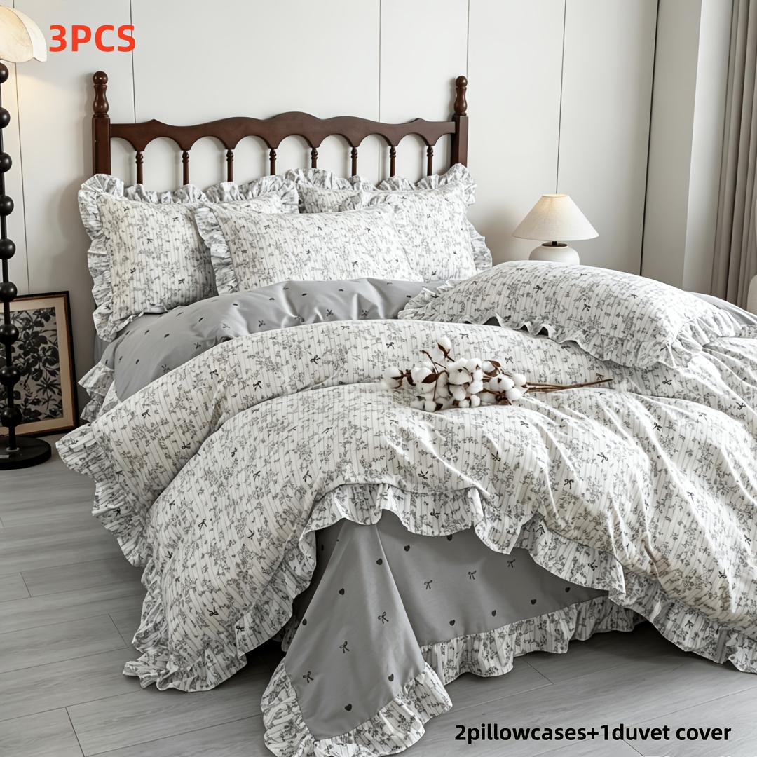 TEMU Ensemble 2/3 pièces | 1 Housse de couette et 1/2 taies d'oreiller, Imprimé floral -ardoise avec volants à franges, Style rétro français, Décoré
