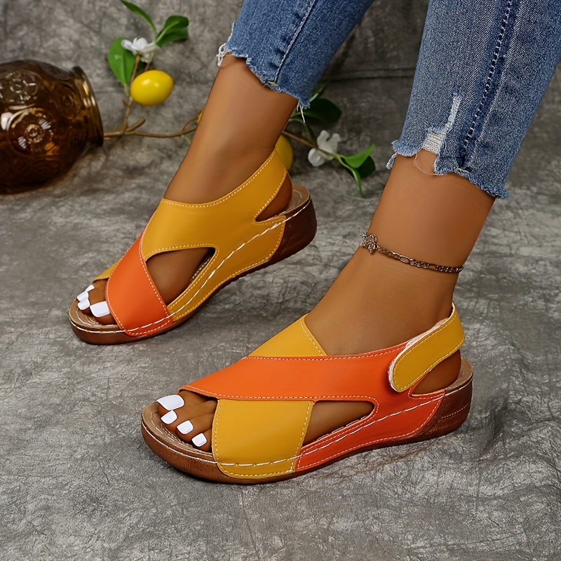 Women's Two-Tone Wedge Sandals - Open Toe, Chunky Heel, Faux Cover with Metallic Buckle Strap, Perfect for Beach, Party & Casual Outings, Beachwear Shoes | Durable Tpr Sole, Ladies Sandals