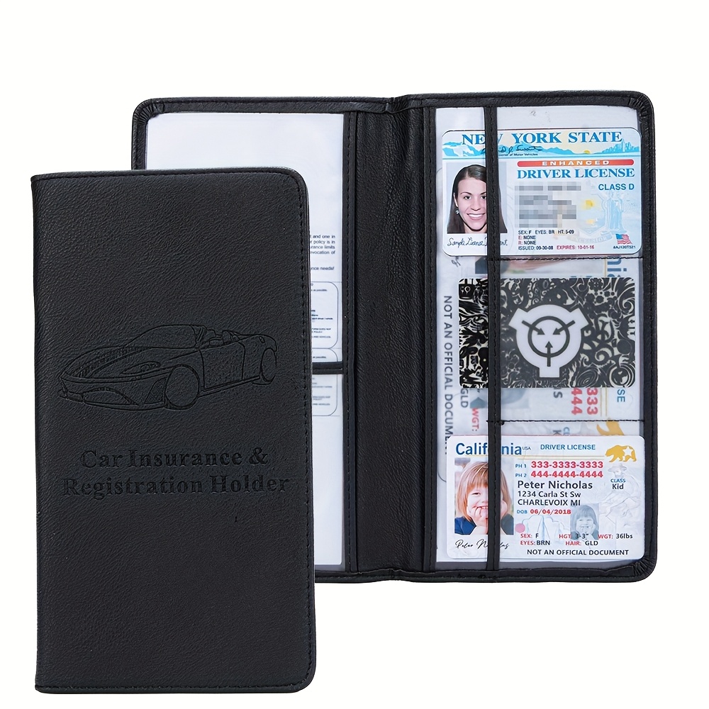 

Black Pu Leather Car Registration & Insurance Card Holder Wallet - Organizer For Driver’s License, Cards, And Documents With Embossed Ny State Design