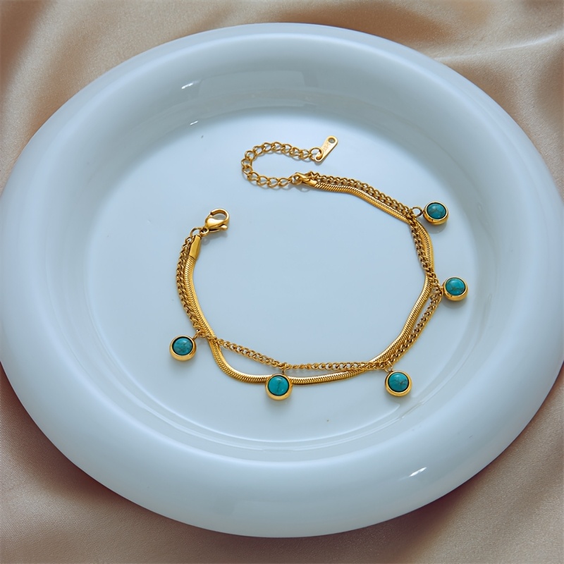 Boho Style Double Layer Turquoise Pendant Bracelet with Stainless Steel Chain