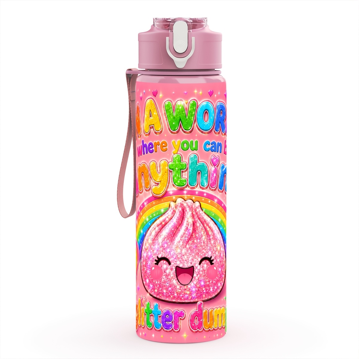TEMU Bouteille d'eau en plastique, impression rose pailletée sur le thème des raviolis, pour les quotidiens, , de sport, sûre , portable et légère