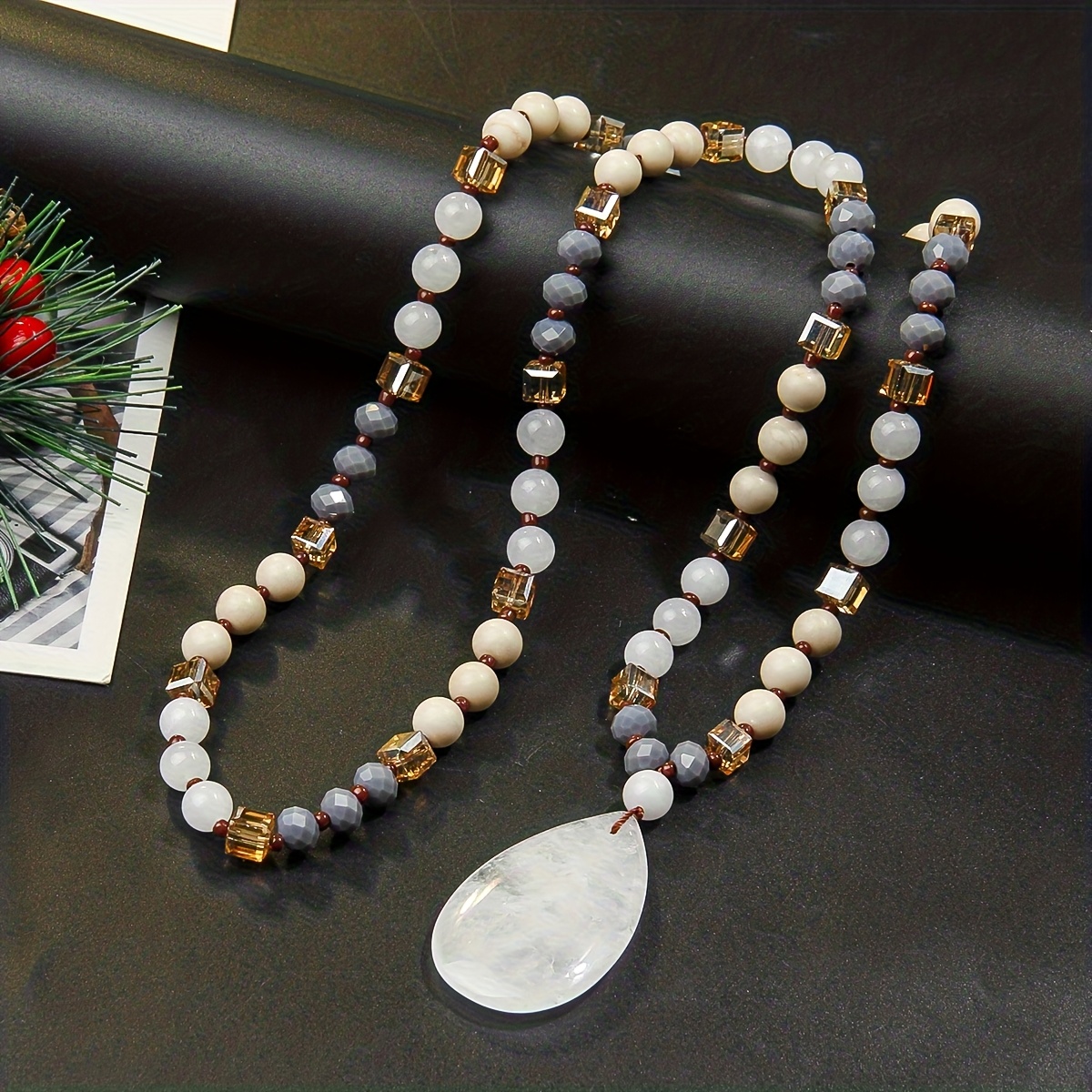 Natural Stone Beads Necklace with Hand-Rolled Beads for Women